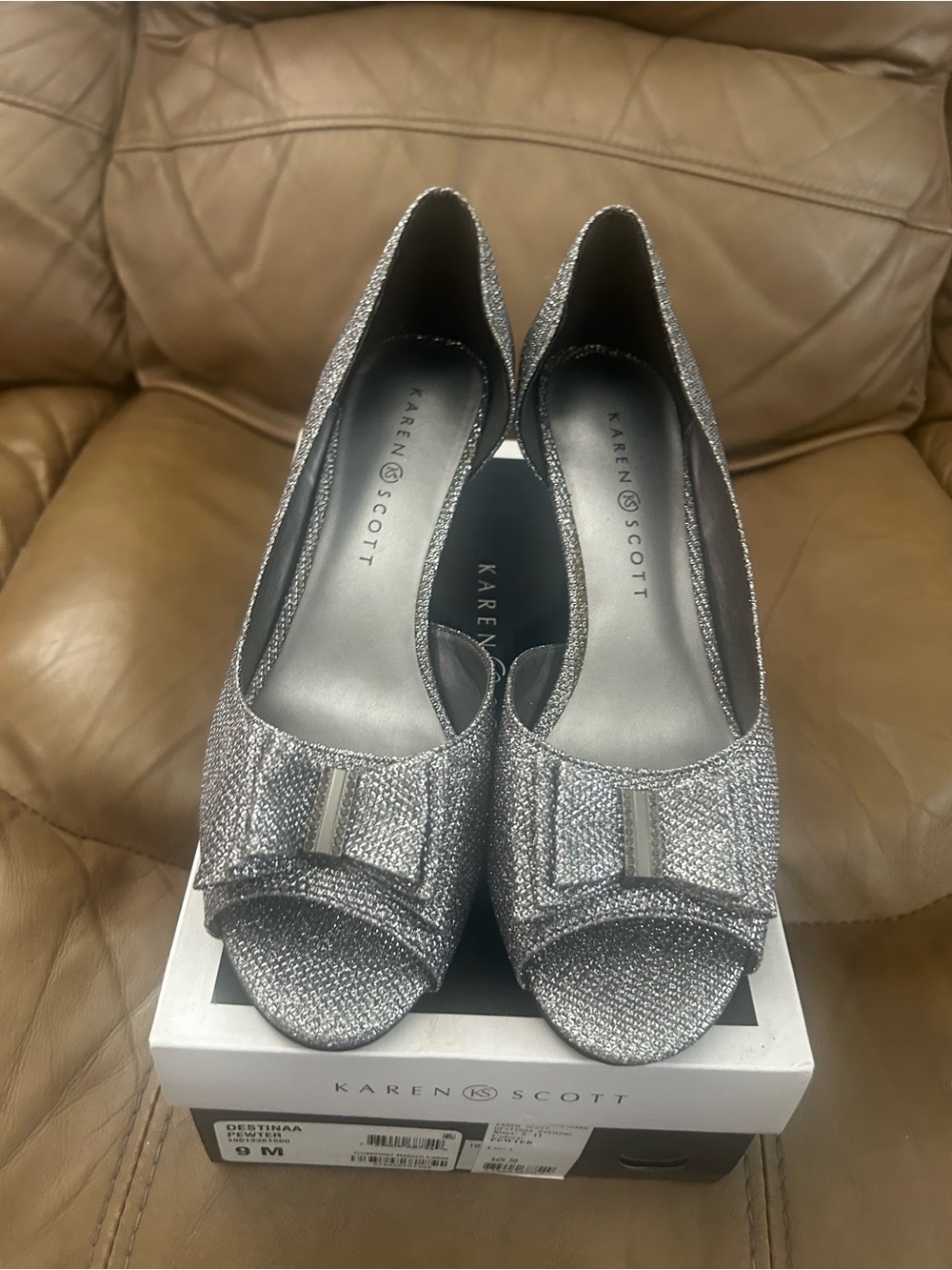 Karen Scott Silver Glitter Peep Toe Heels with Bow Accent